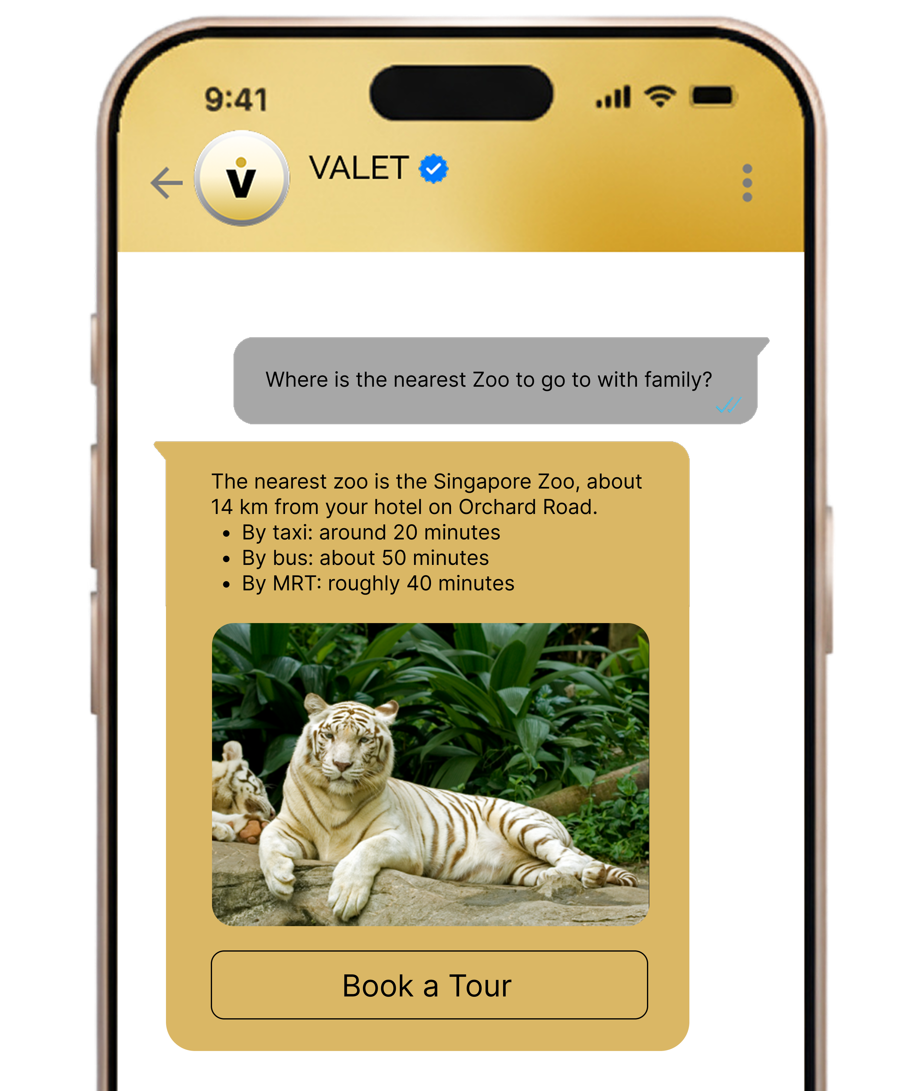 Valet Genie WhatsApp interface showing zoo recommendations